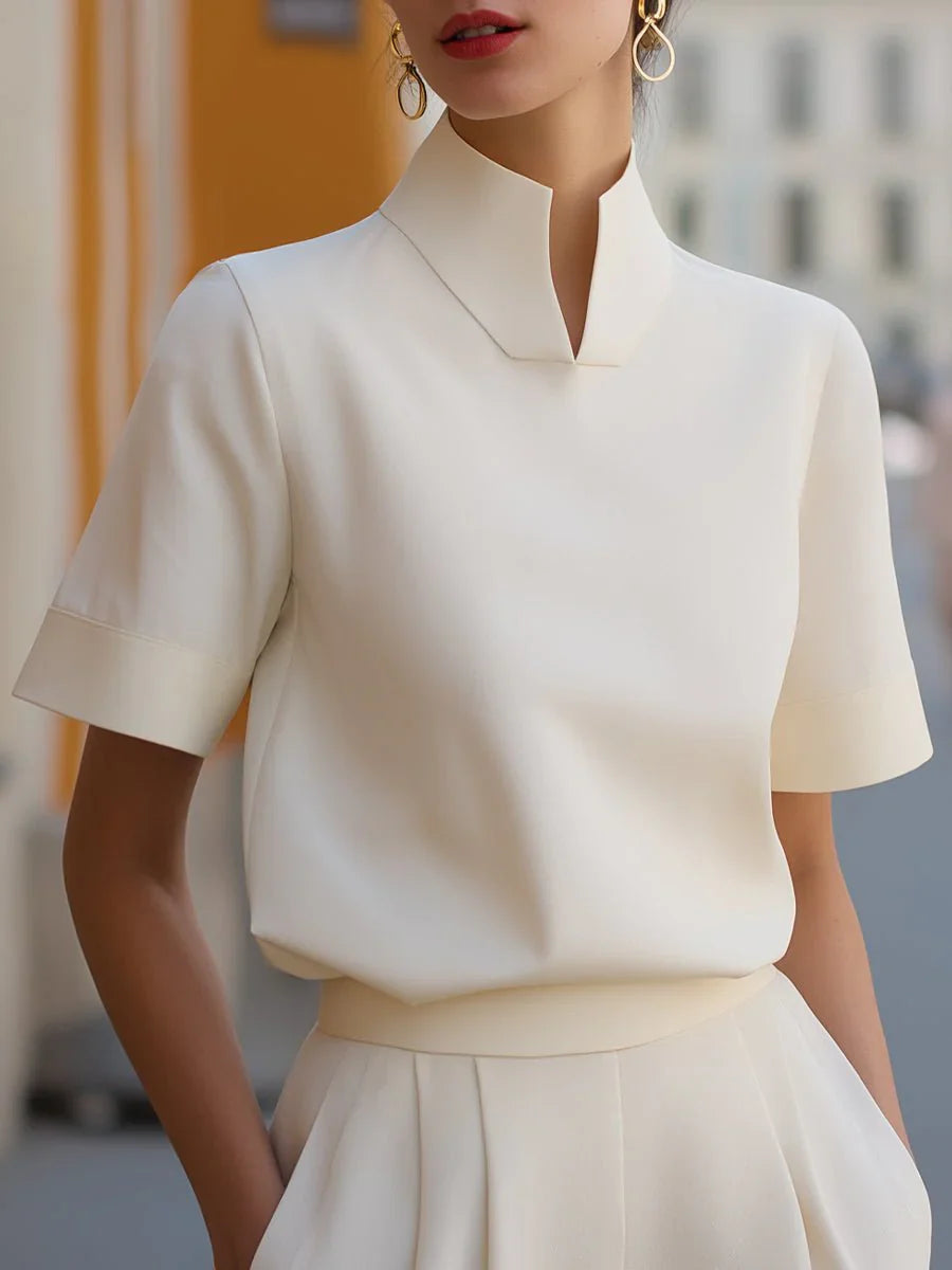 Eva | Dames Staande Kraag Gestructureerde Korte Mouwen Blouse Wit