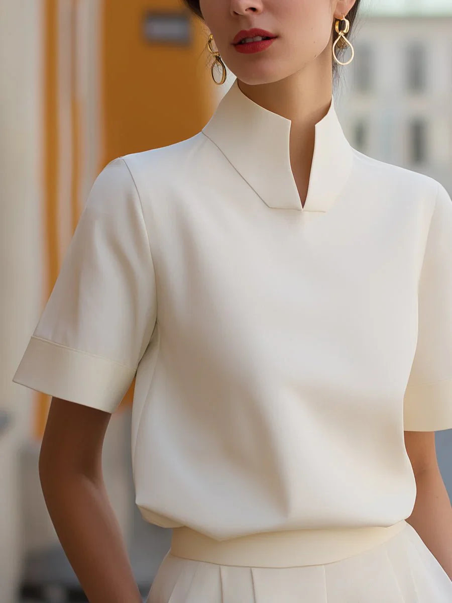 Eva | Dames Staande Kraag Gestructureerde Korte Mouwen Blouse