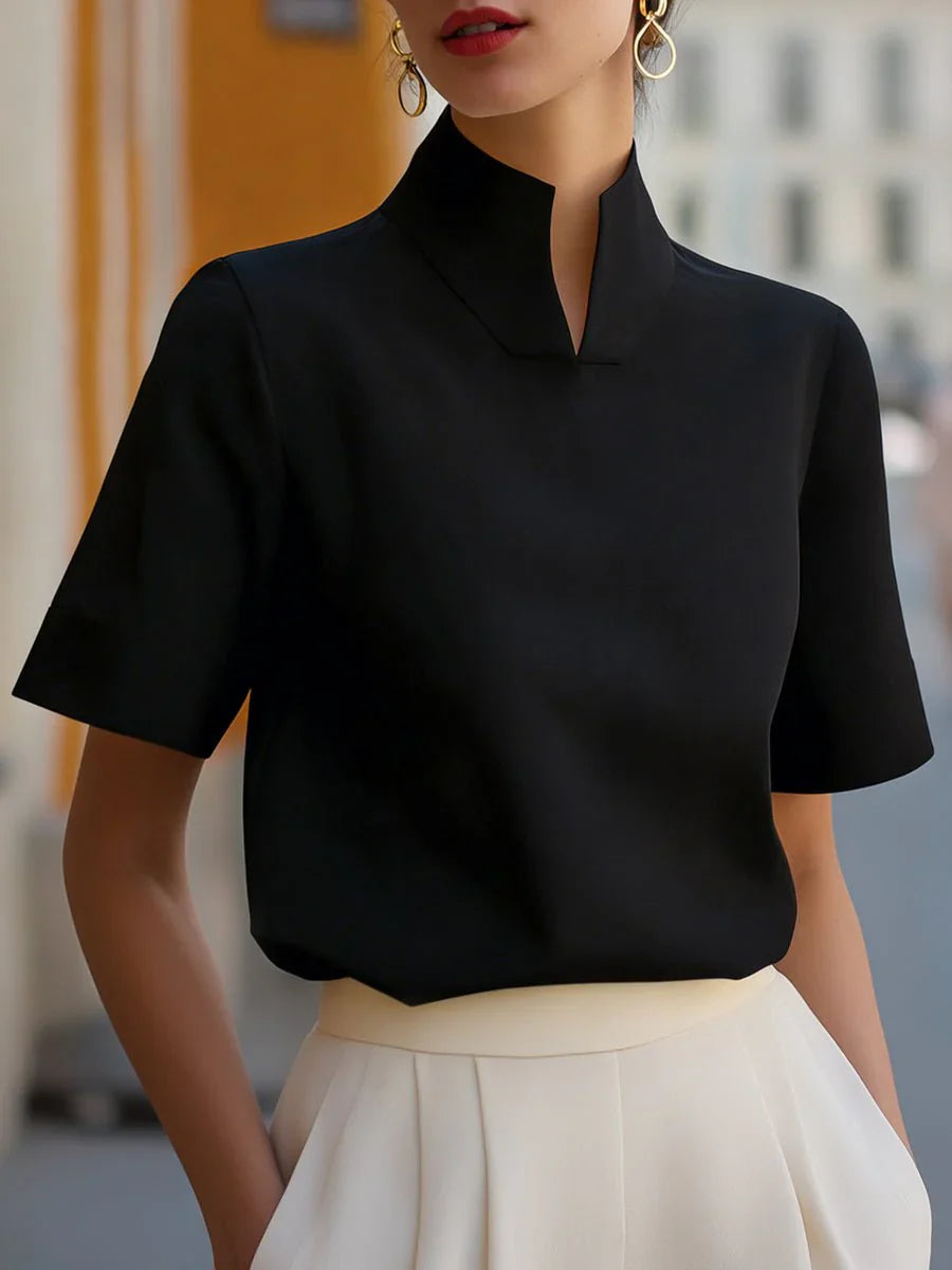 Eva | Dames Staande Kraag Gestructureerde Korte Mouwen Blouse Zwart