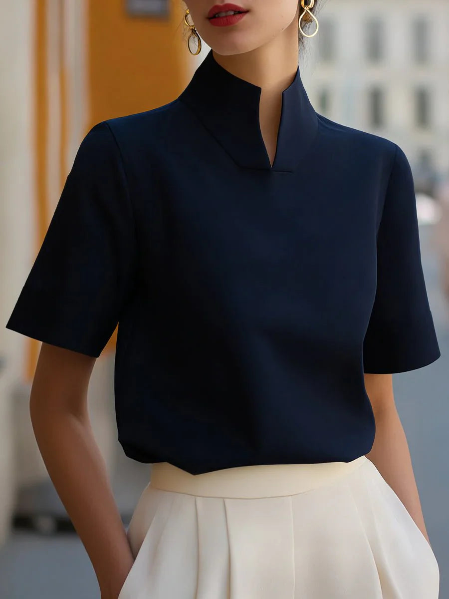 Eva | Dames Staande Kraag Gestructureerde Korte Mouwen Blouse Marineblauw