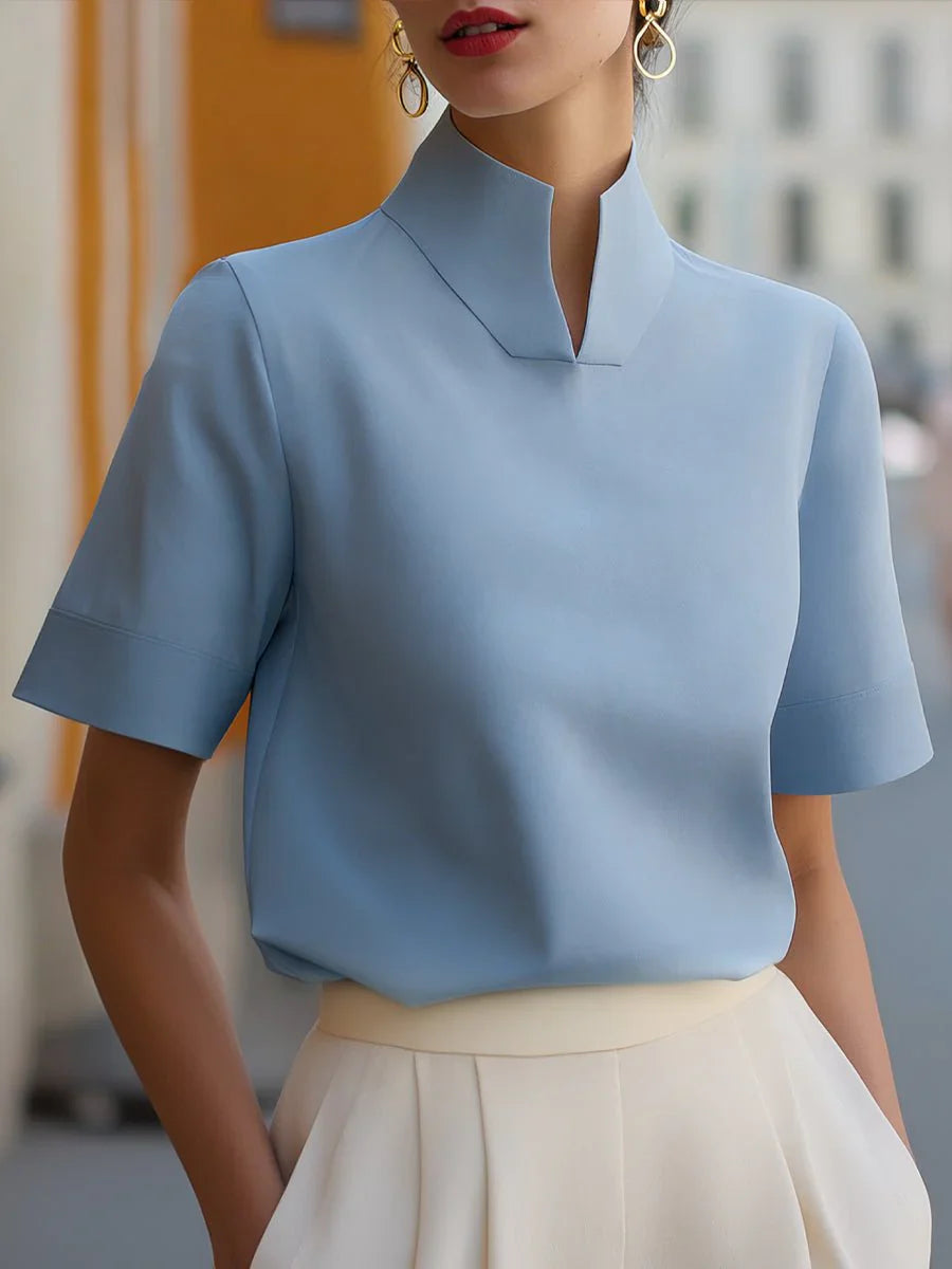 Eva | Dames Staande Kraag Gestructureerde Korte Mouwen Blouse Blauw