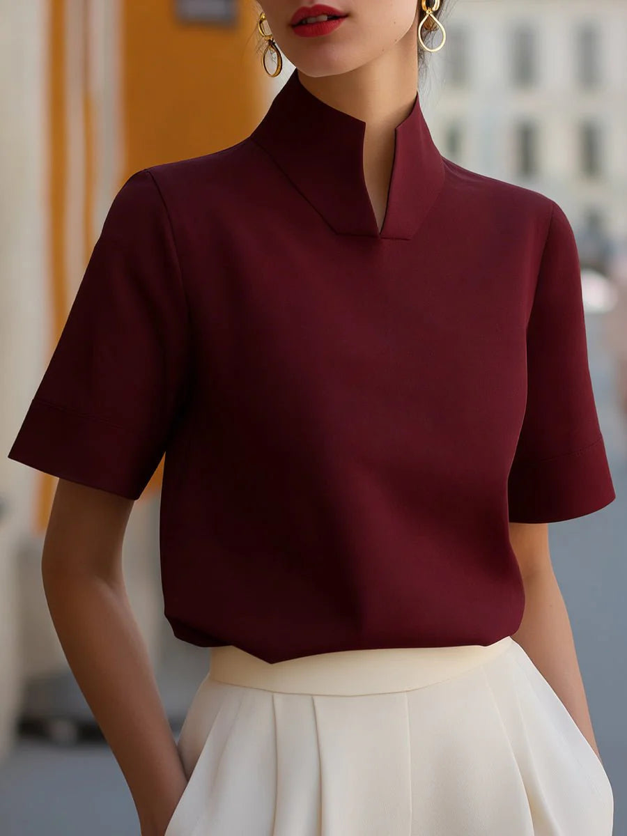 Eva | Dames Staande Kraag Gestructureerde Korte Mouwen Blouse Bourgondië