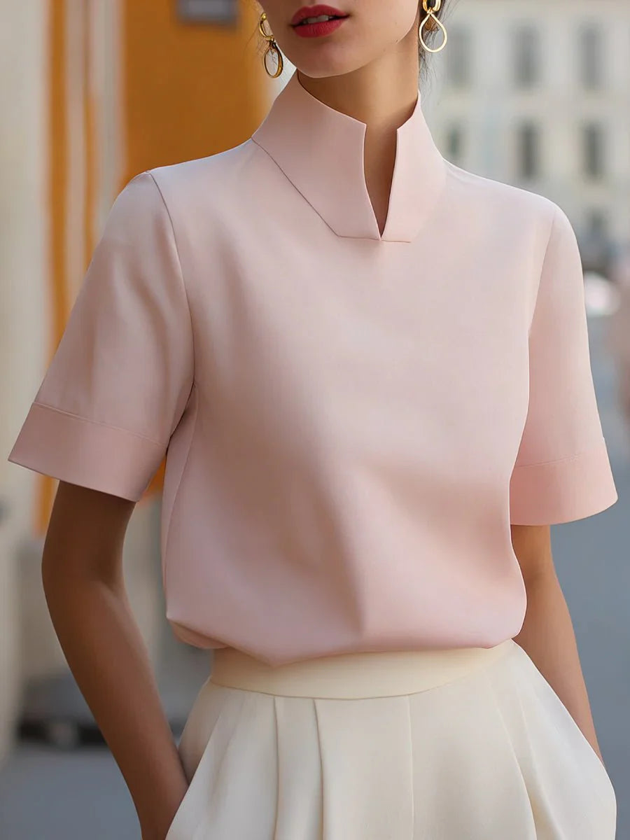 Eva | Dames Staande Kraag Gestructureerde Korte Mouwen Blouse Roze