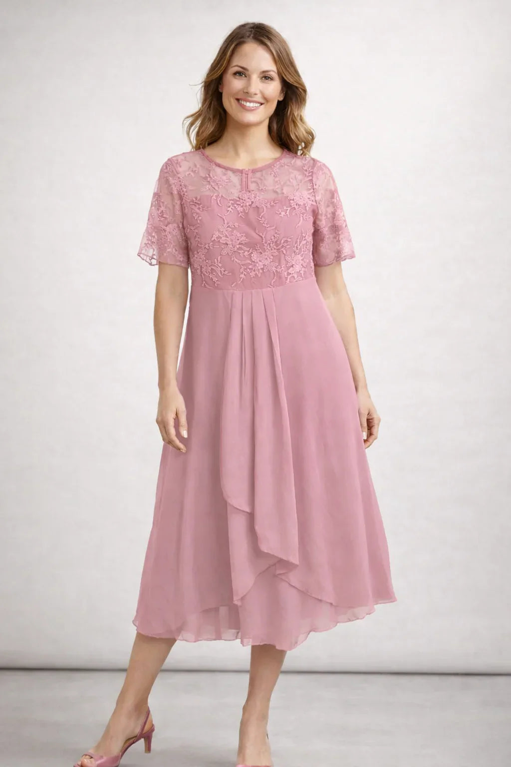 Eva | Midi Jurk met Kanten Top Roze