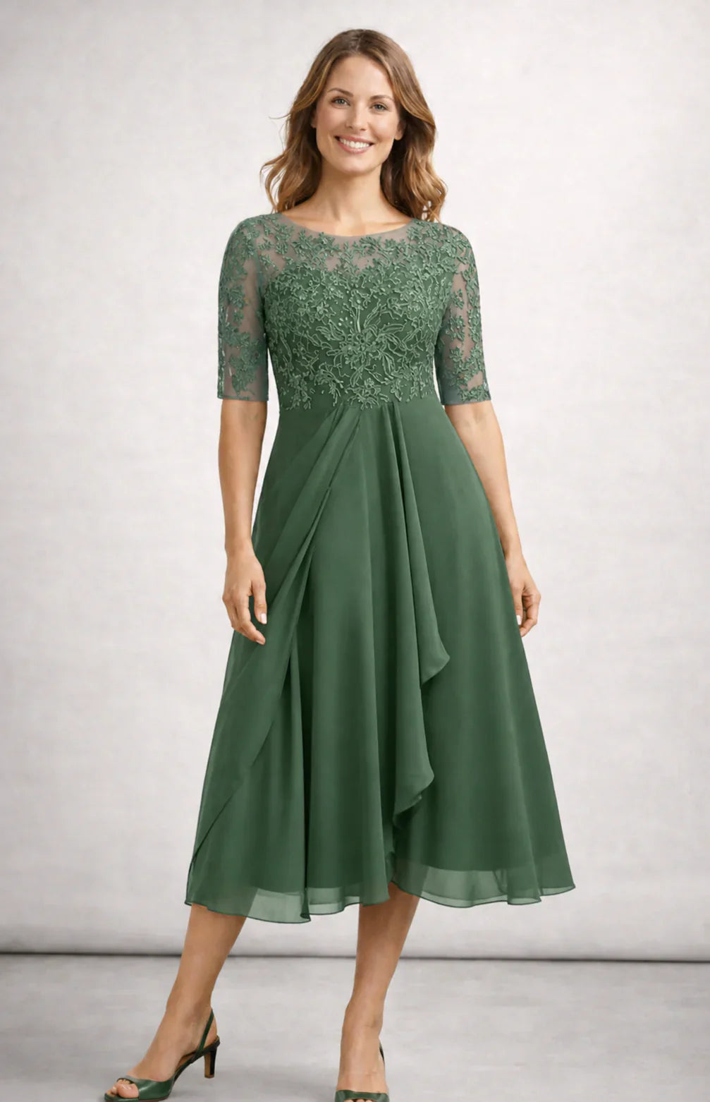 Eva | Midi Jurk met Kanten Top Groen