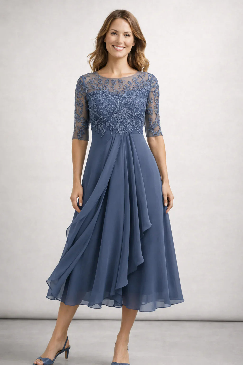 Eva | Midi Jurk met Kanten Top Blauw