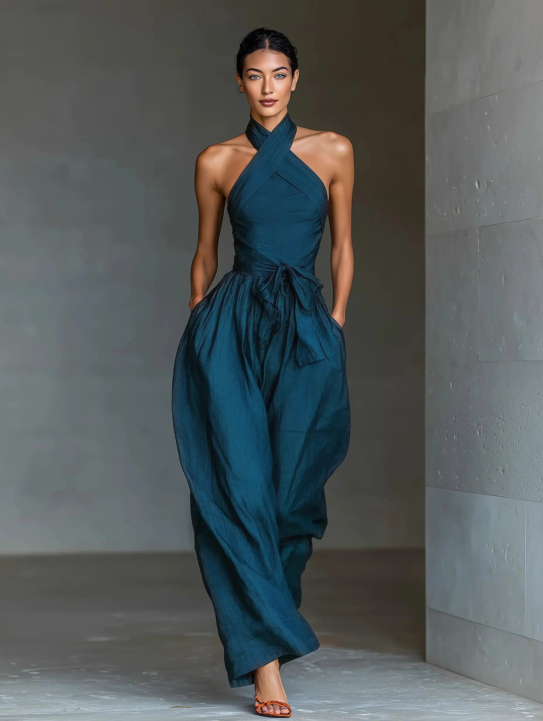 Femke | Dames Kruiselings Halter Linnen Jumpsuit Wijde Pijpen