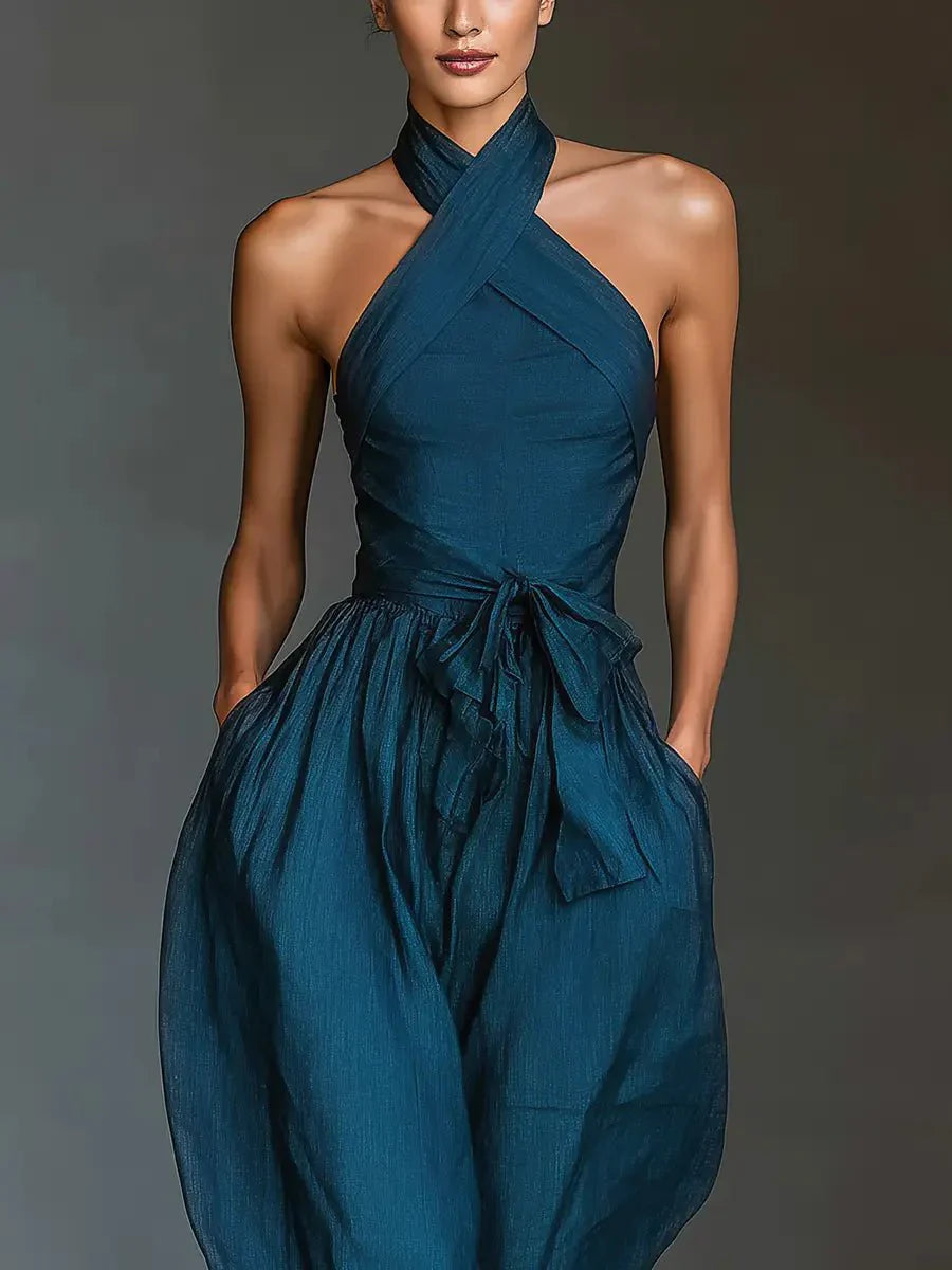 Femke | Dames Kruiselings Halter Linnen Jumpsuit Wijde Pijpen