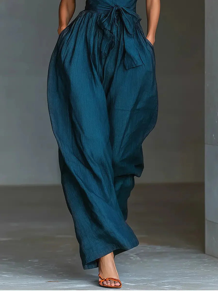 Femke | Dames Kruiselings Halter Linnen Jumpsuit Wijde Pijpen