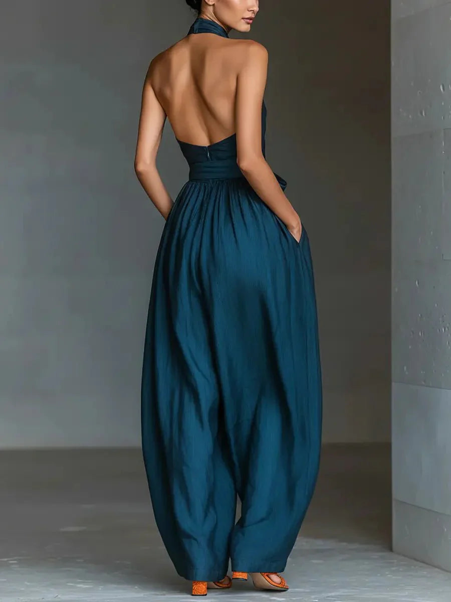 Femke | Dames Kruiselings Halter Linnen Jumpsuit Wijde Pijpen