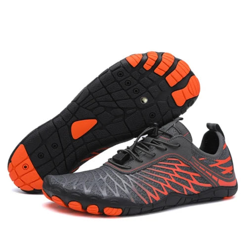 Close-up van vetersysteem op barefoot sneakers voor verstelbare pasvorm en ondersteuning