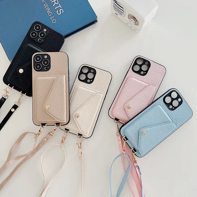 Gestructureerd kunstleren telefoonhoesje met crossbody functie geschikt voor iPhone 12 tot 14 Pro Max