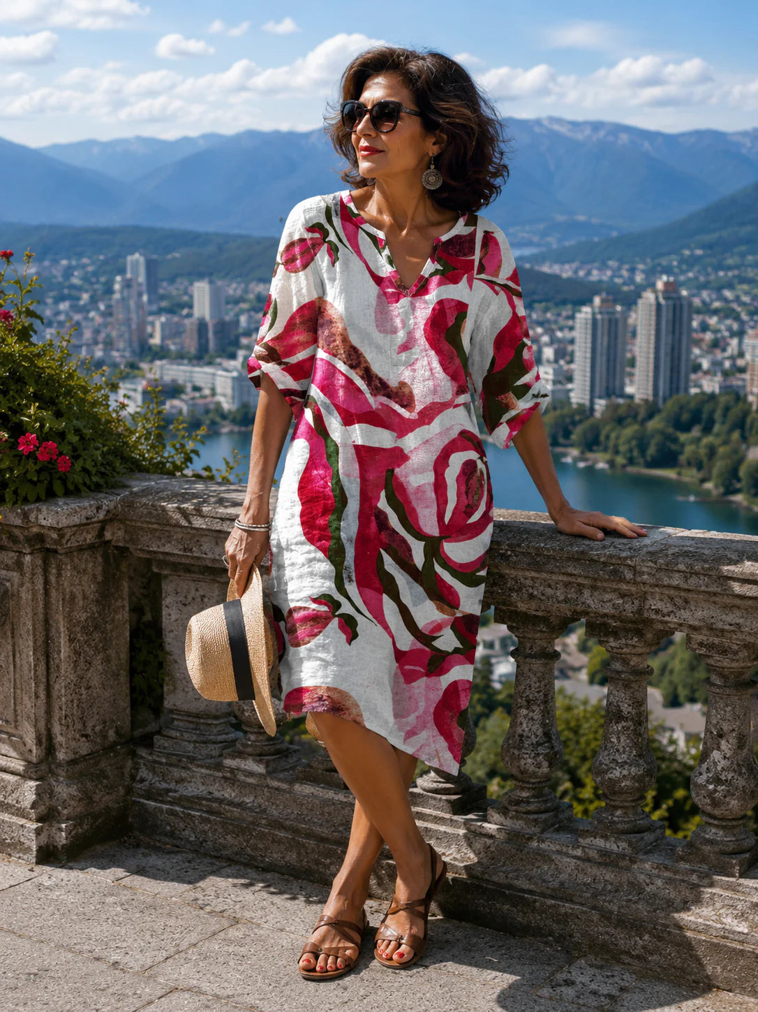 Vrouw draagt midi zomerjurk met roze abstracte print en V-hals op zonnig terras