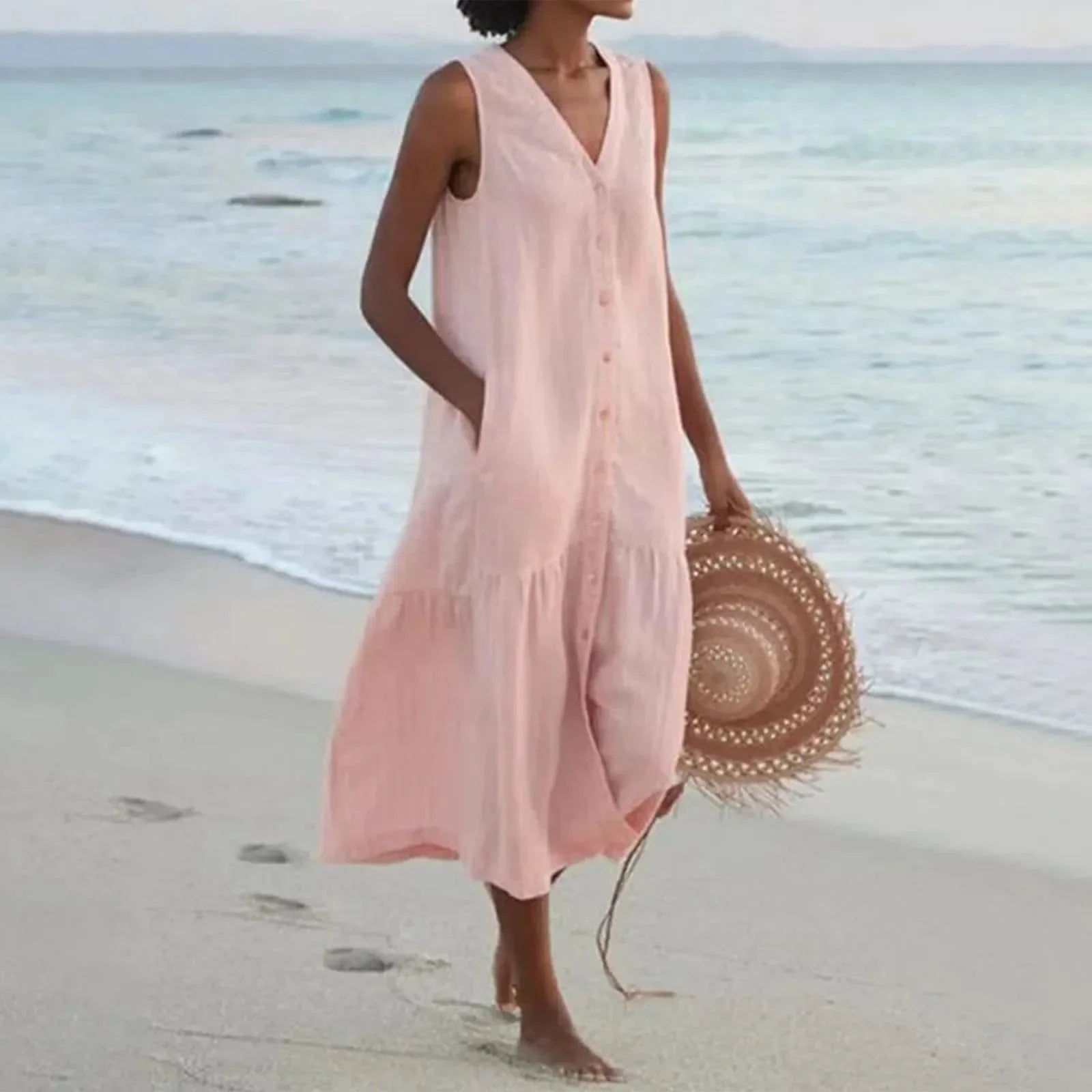 Floor | Mouwloze Midi Jurk met V-hals Roze