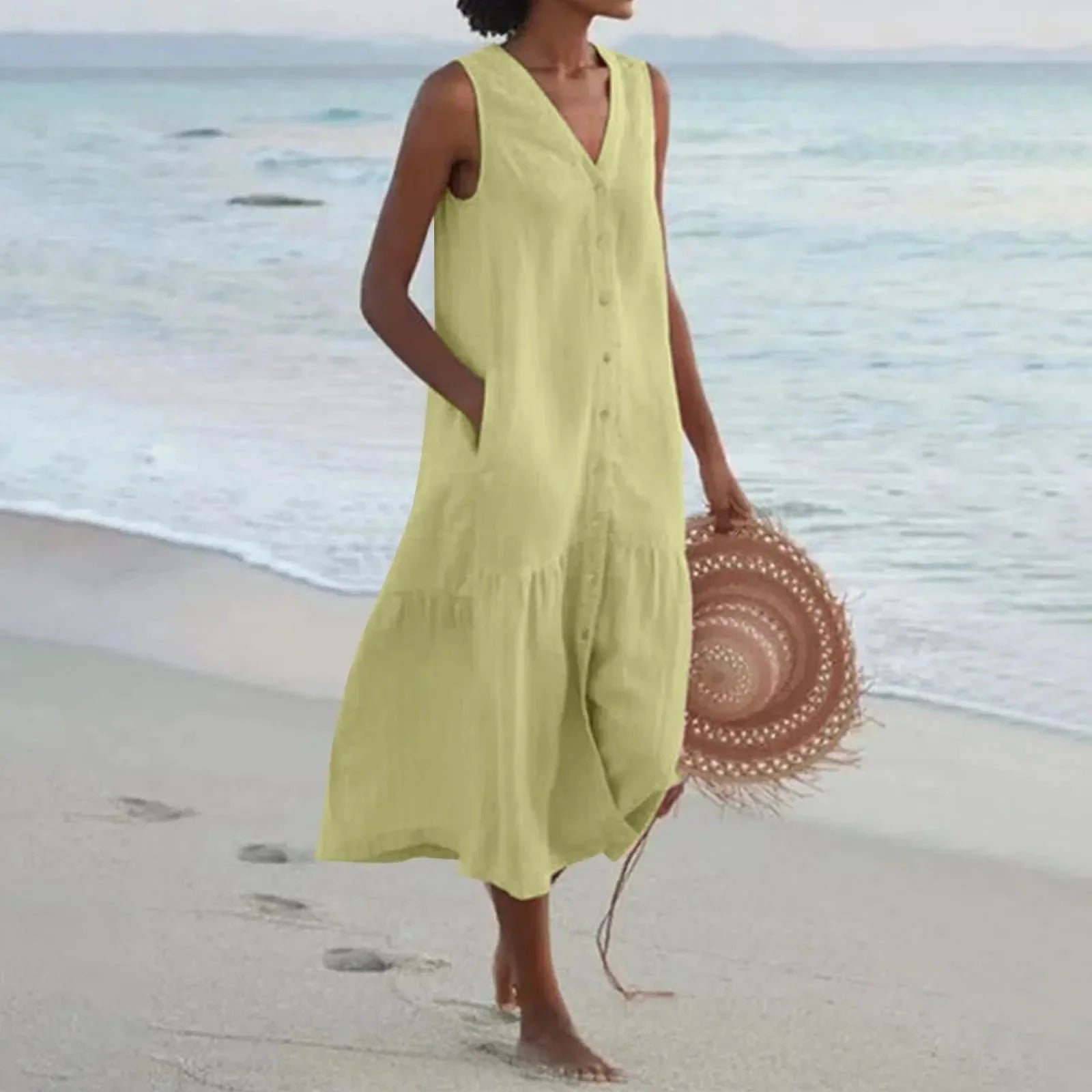 Floor | Mouwloze Midi Jurk met V-hals Groen