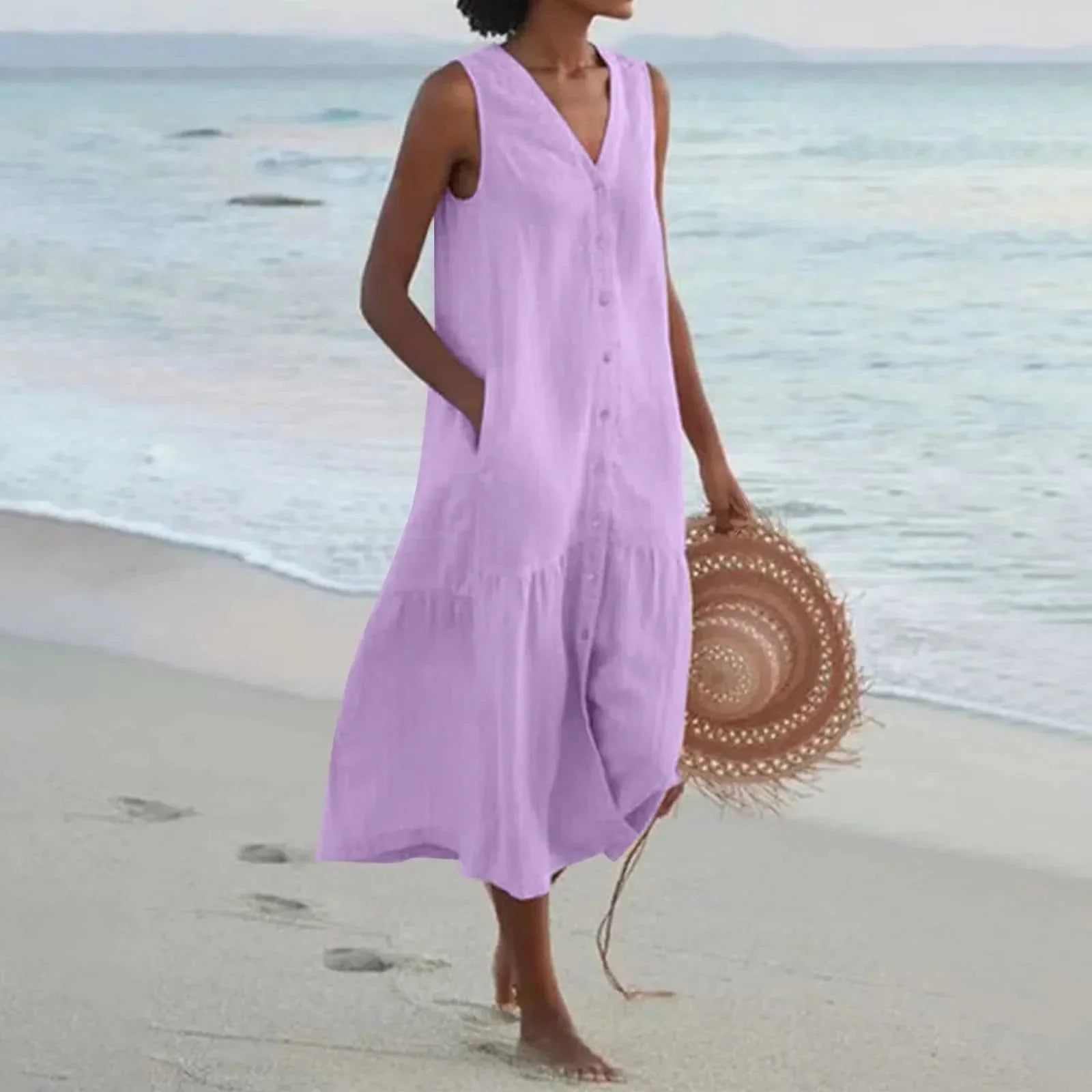 Floor | Mouwloze Midi Jurk met V-hals Paars