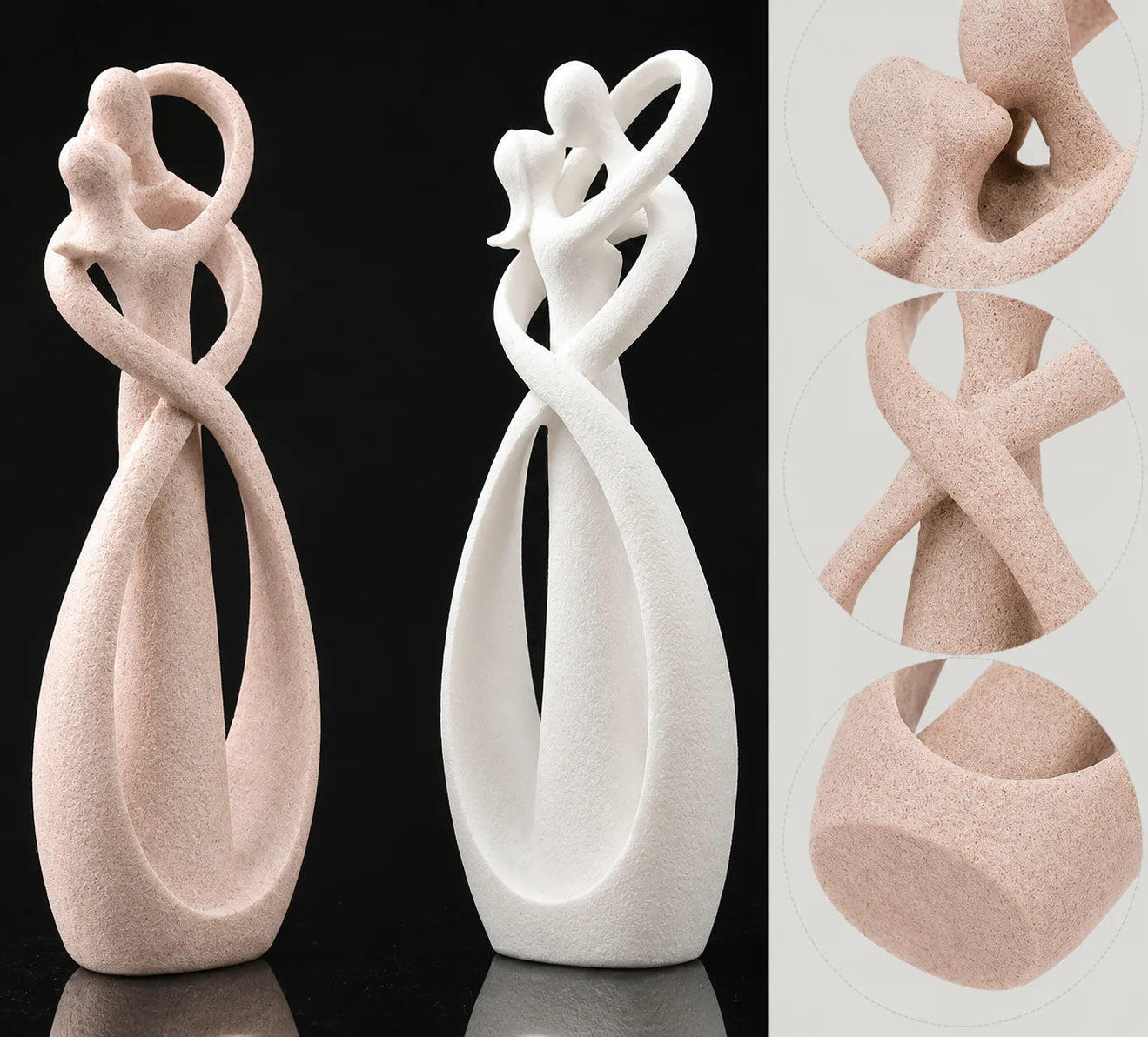 Abstract beeldje met twee omhelzende figuren in zand en wit op zwarte achtergrond