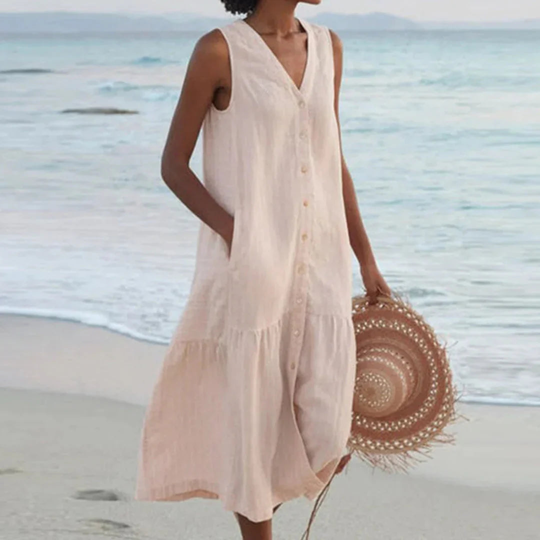 Hanne | Dames A-lijn Midi-jurk met Knopen Beige