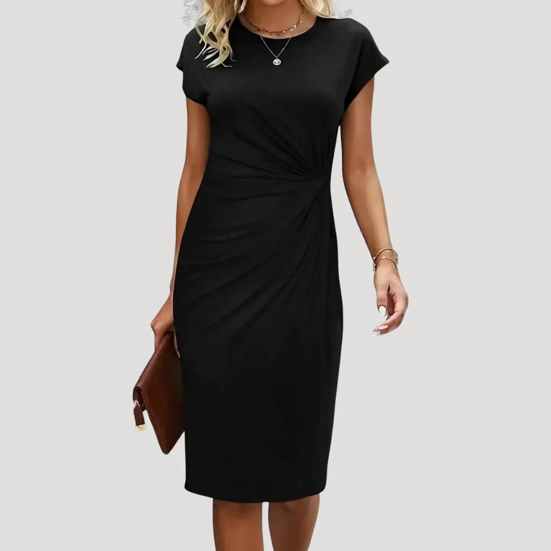 Hanne | Dames Midi Jurk met Korte Mouw, Ronde Hals Zwart