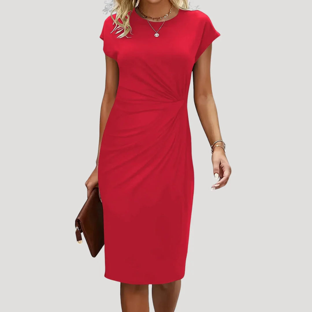 Hanne | Dames Midi Jurk met Korte Mouw, Ronde Hals Rood