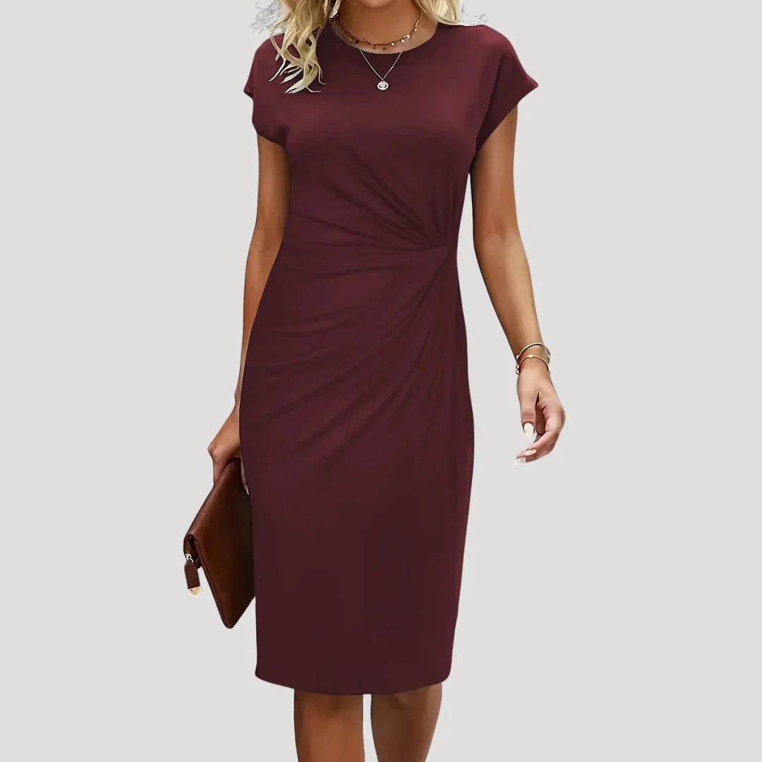 Hanne | Dames Midi Jurk met Korte Mouw, Ronde Hals Donkerrood