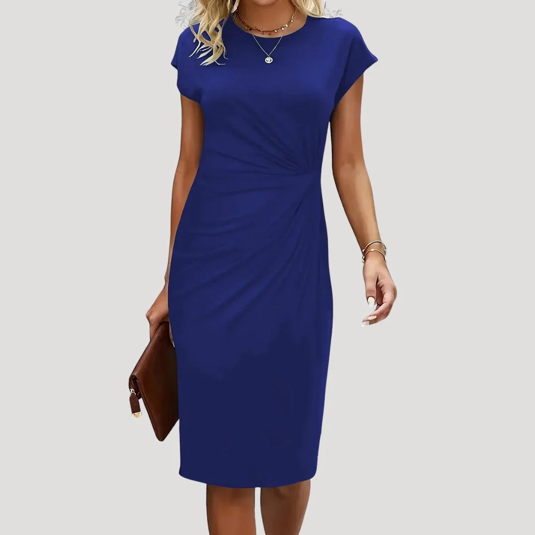 Hanne | Dames Midi Jurk met Korte Mouw, Ronde Hals Blauw