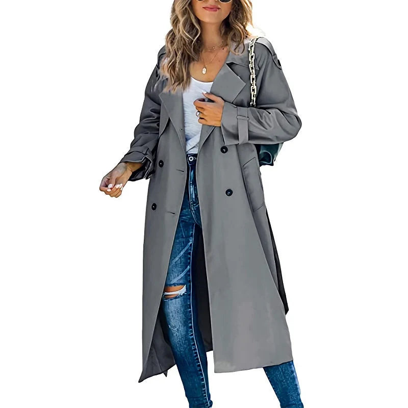 Dames tussenjas trenchcoat met dubbele knoopsluiting tot onder de knie lengte