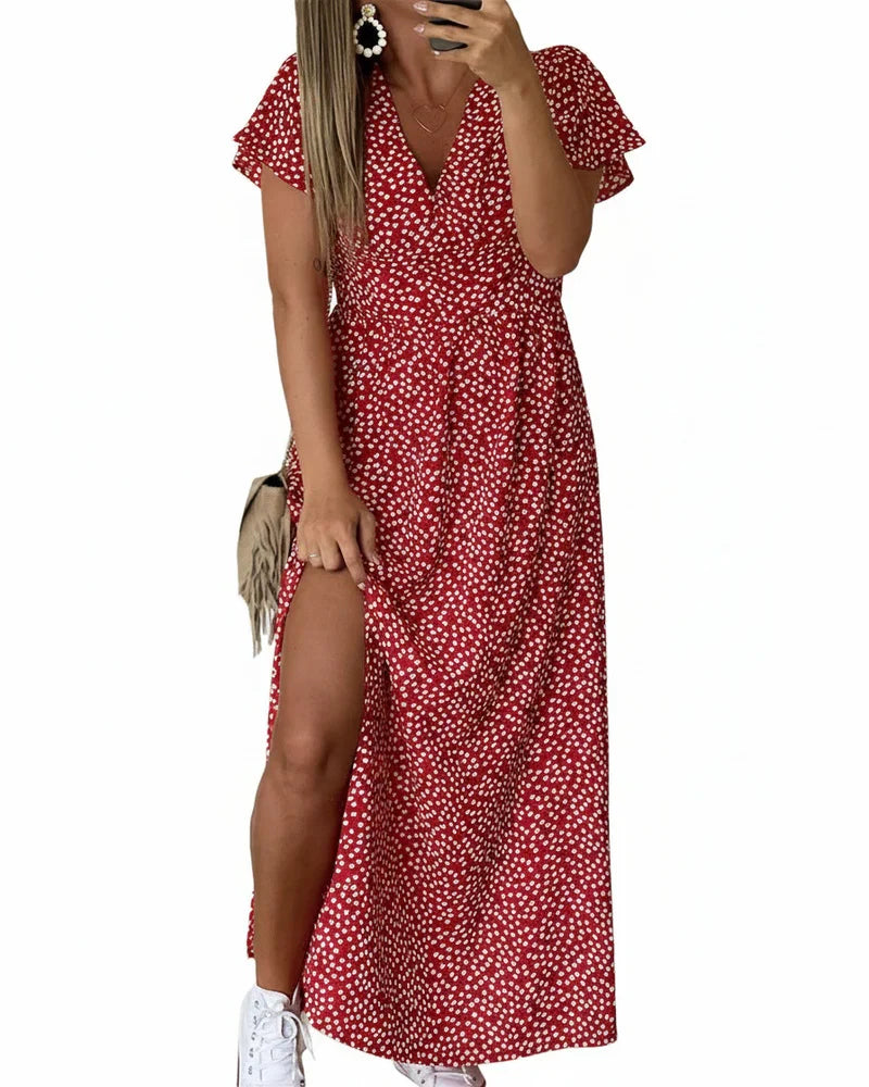 Hanne | Maxi Jurk V-Hals Polkadot Volantmouwen