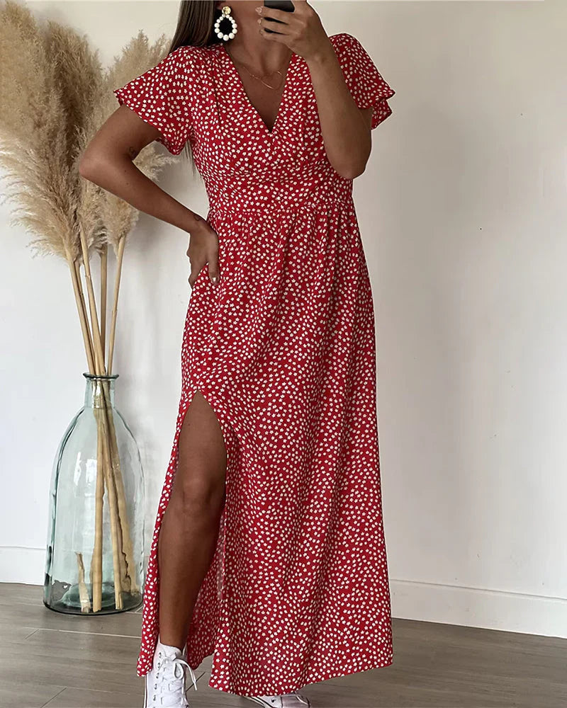 Hanne | Maxi Jurk V-Hals Polkadot Volantmouwen
