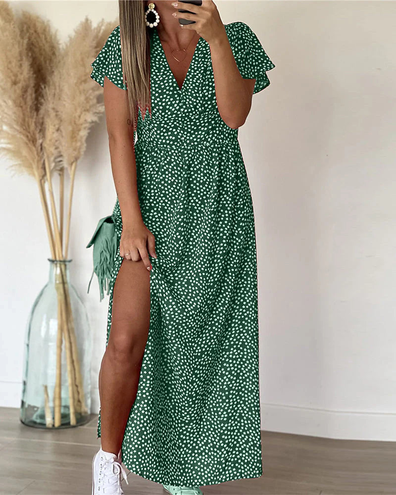 Hanne | Maxi Jurk V-Hals Polkadot Volantmouwen