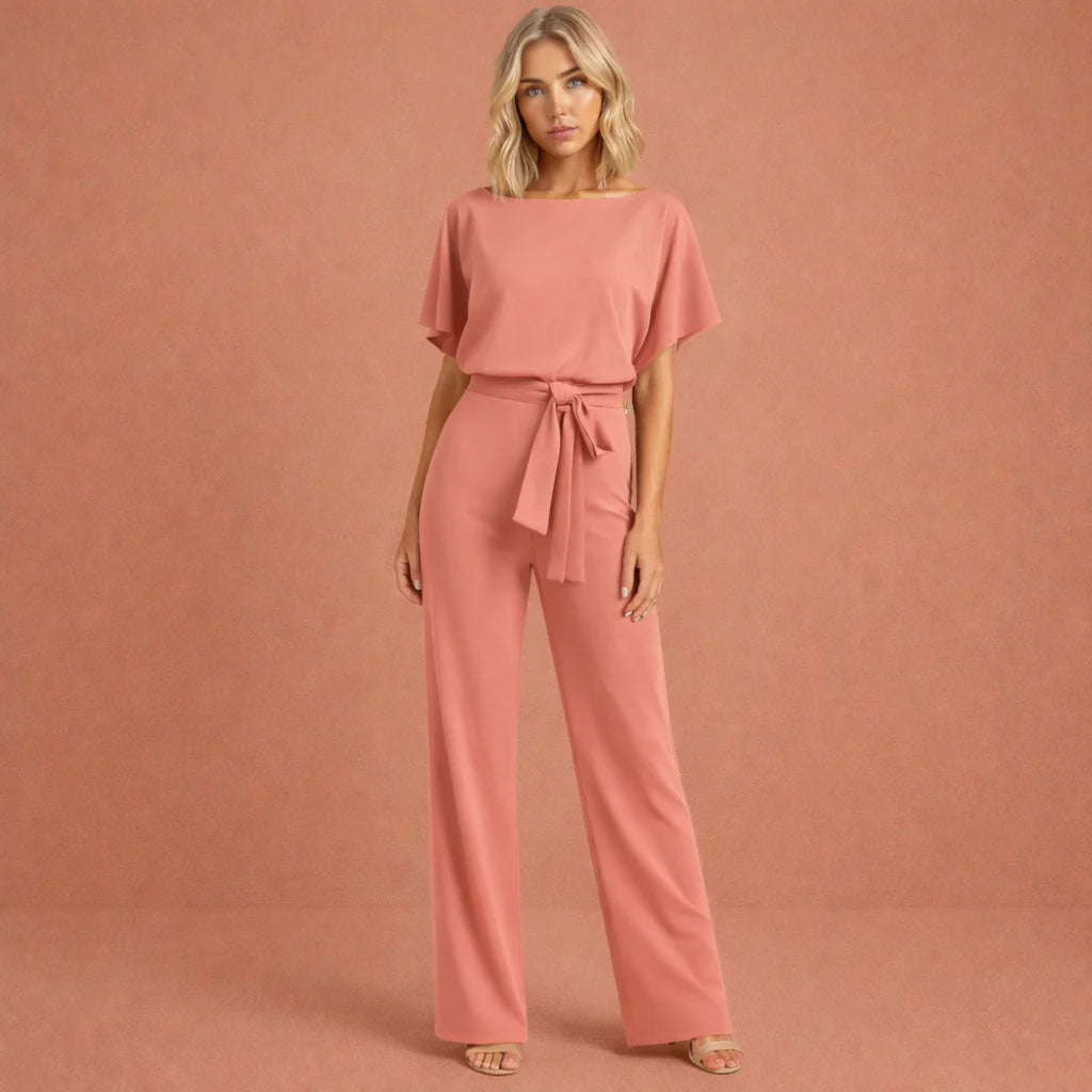 Achterkant jumpsuit met volle pijpen en strikceintuur, gladde afwerking