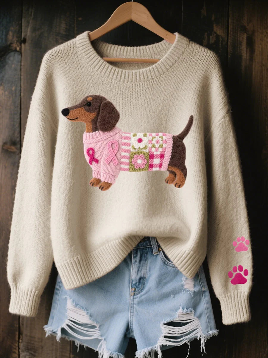 Achterkant van de roze gebreide trui met lange mouwen en comfortabele oversized snit