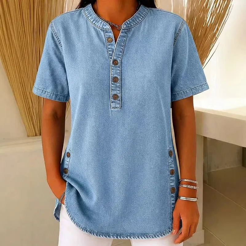 Dames denim tuniek met knoopdetails aan de voorkant en V-hals in blauwe denim