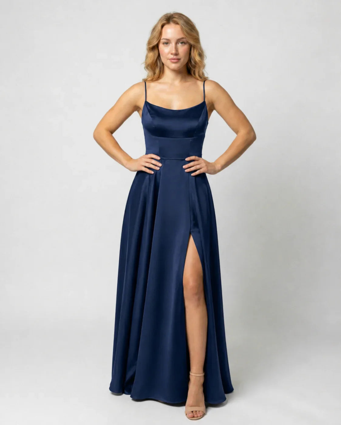 Imke | Maxi Jurk met Watervalhals en Zijsplit Donkerblauw