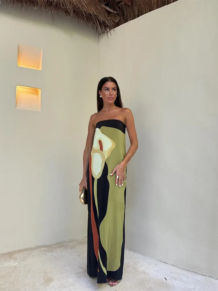 Imke | Strapless Maxi Jurk met Print Groen