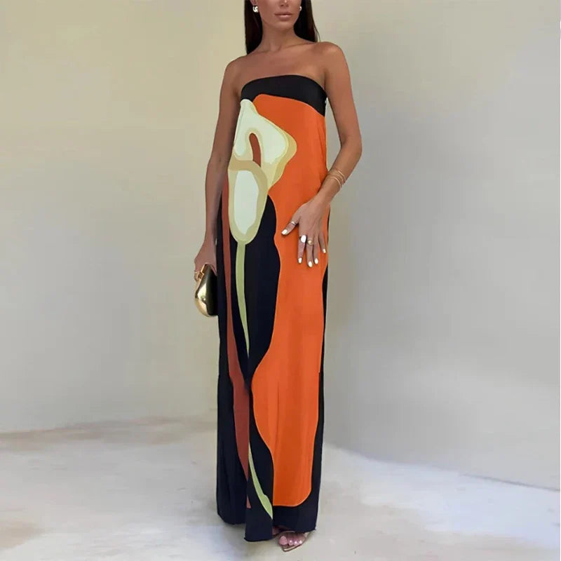 Imke | Strapless Maxi Jurk met Print Oranje