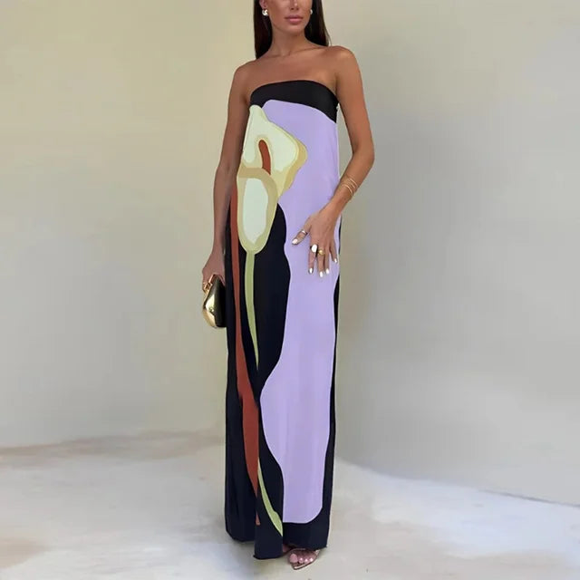 Imke | Strapless Maxi Jurk met Print Paars