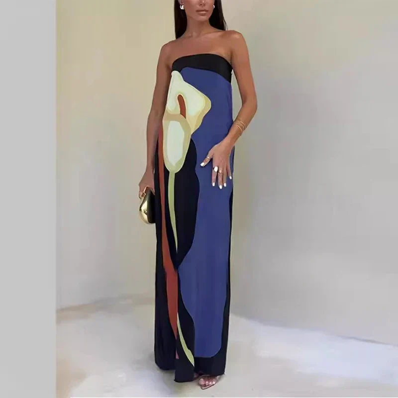 Imke | Strapless Maxi Jurk met Print Blauw