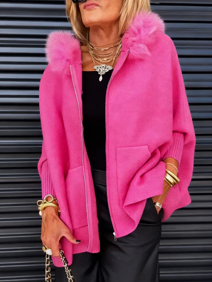 Dames korte cardigan in roze met moderne relaxte korte cardigan stijl, bontrand capuchon en rits