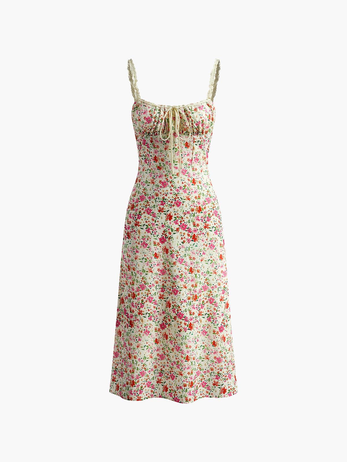 Getailleerde midi jurk met nostalgische bloemenprint en bandjes met kant