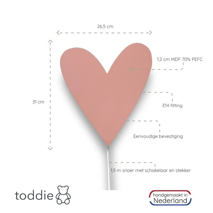 Wandverlichting kinderkamer met hart ontwerp in terra roze en warme lichtuitstraling