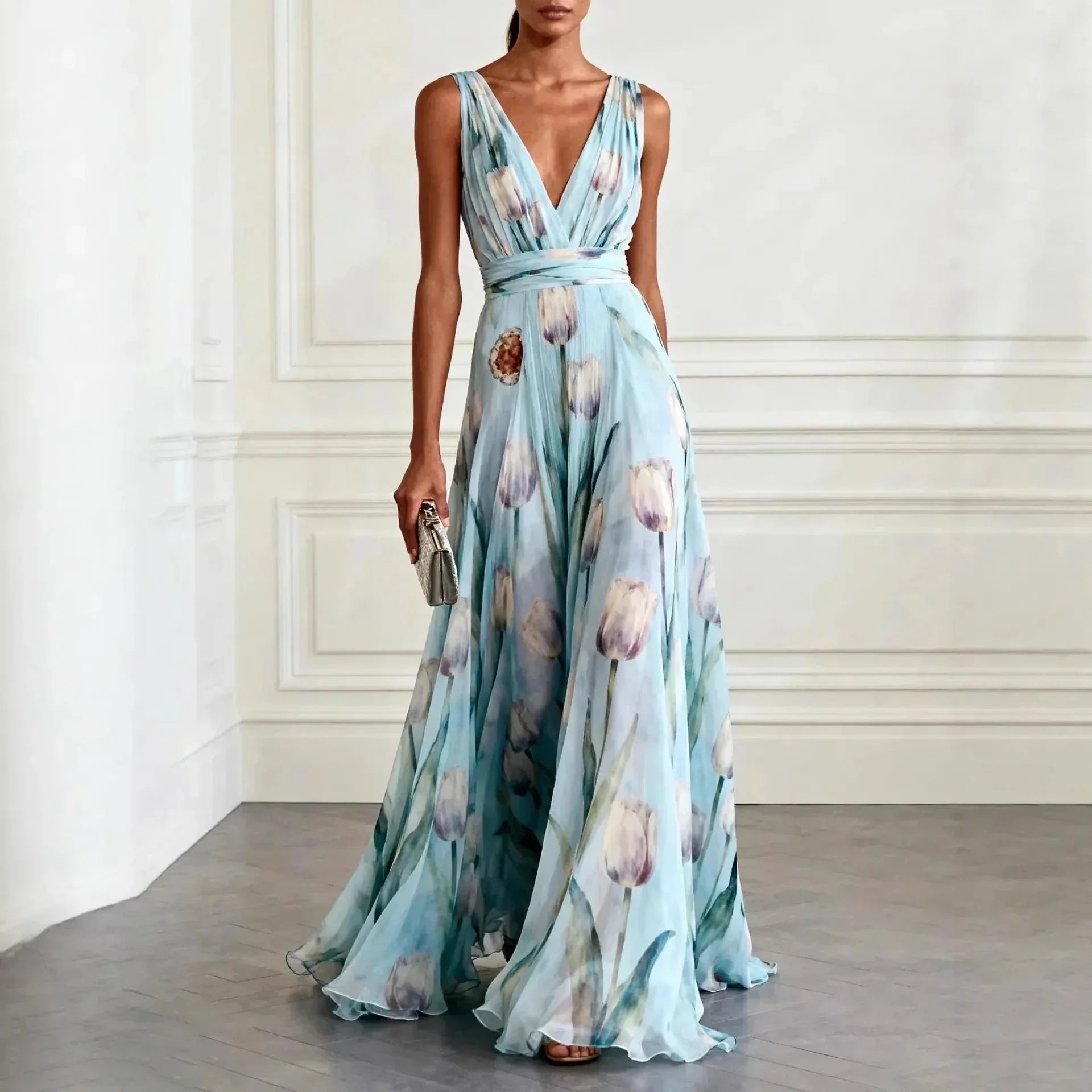 Julia | Maxi Jurk Bloemenprint V-hals Chiffon Hemelsblauw