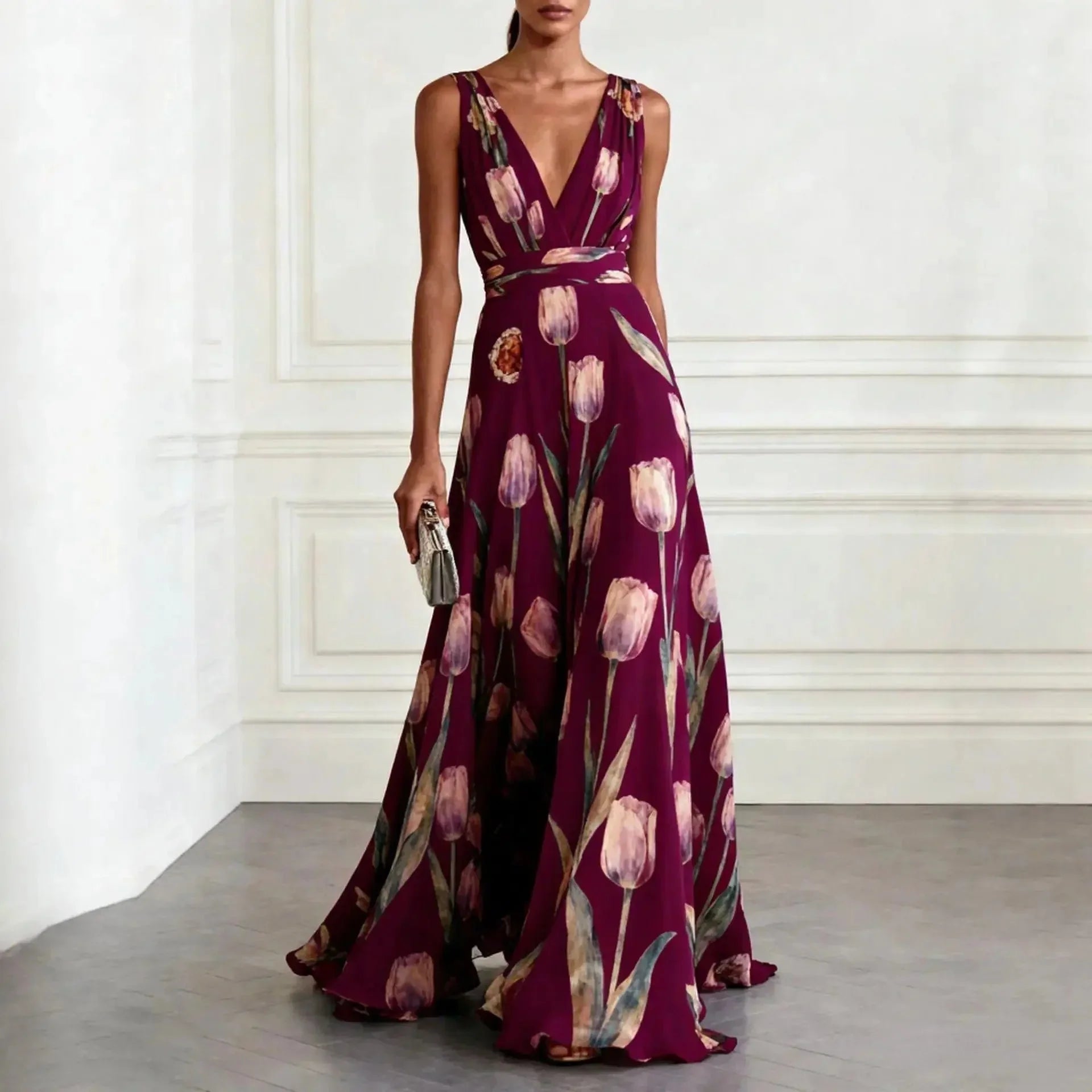 Julia | Maxi Jurk Bloemenprint V-hals Chiffon Bourgondië