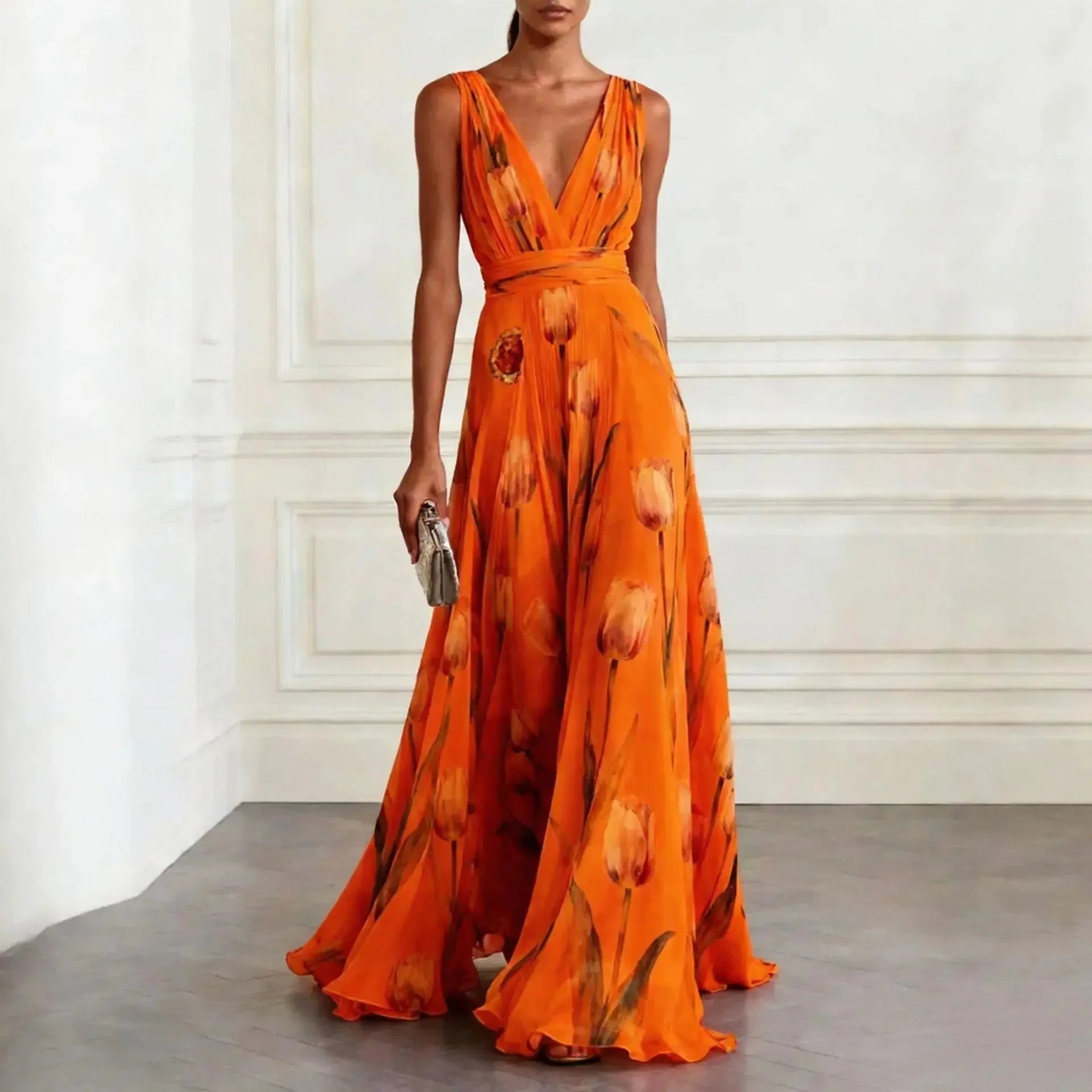 Julia | Maxi Jurk Bloemenprint V-hals Chiffon Oranje
