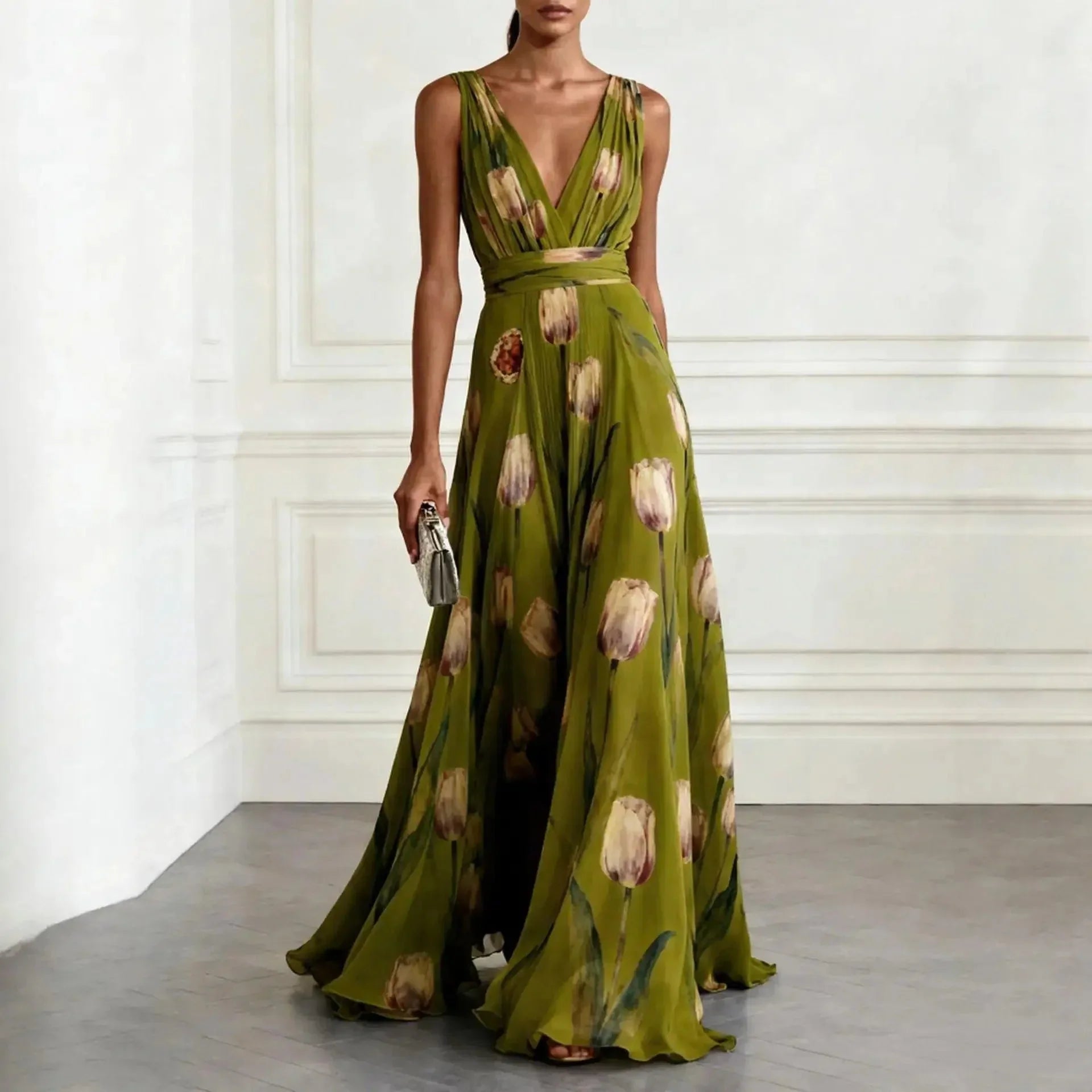 Julia | Maxi Jurk Bloemenprint V-hals Chiffon Groen