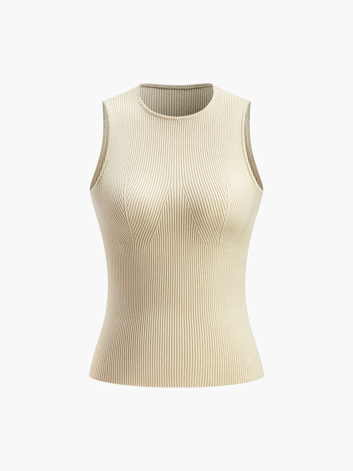 Close-up van ribstructuur en afwerking op mouwloze dames top met stretch