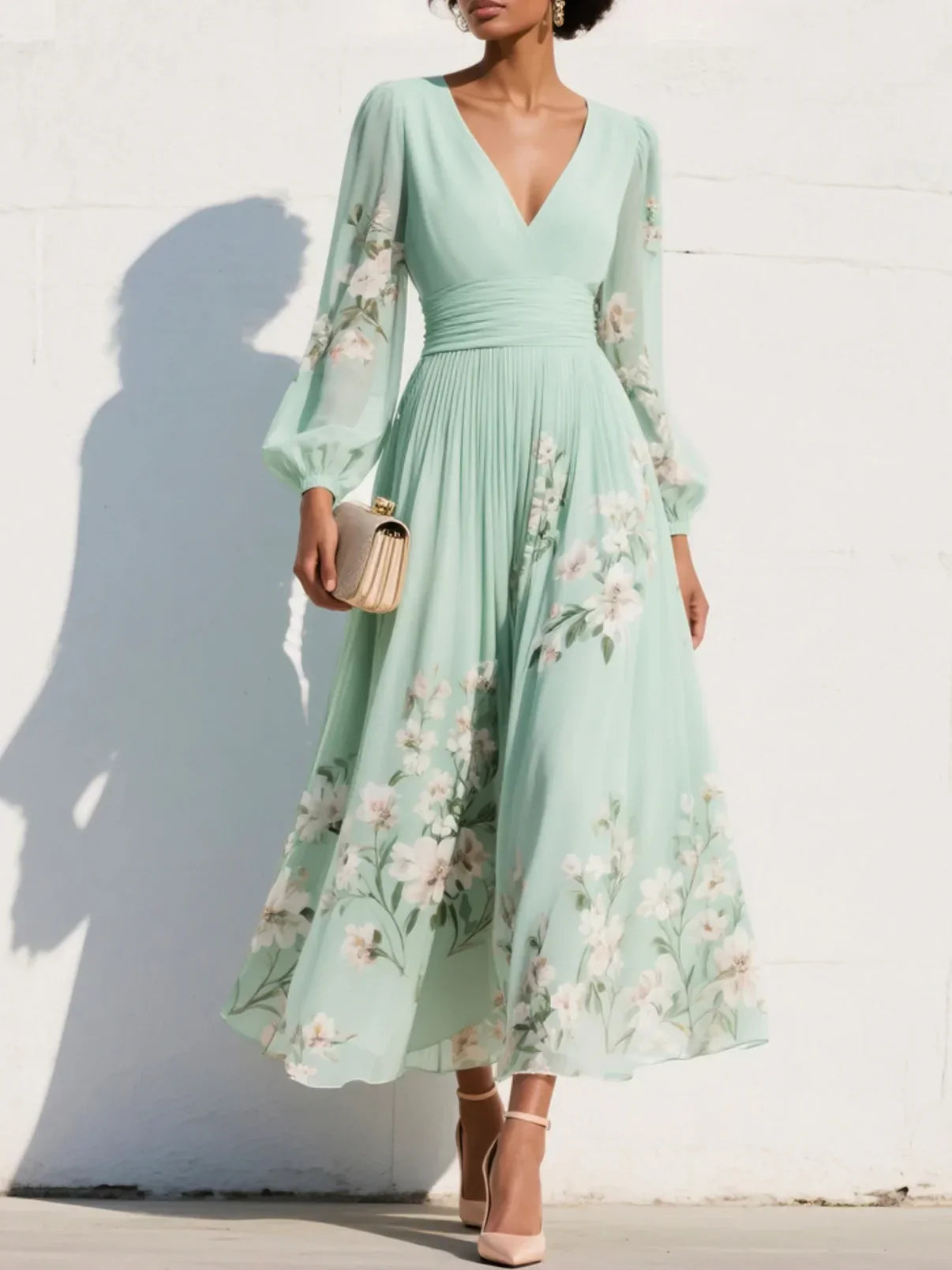 Lara | Maxi Jurk Bloemenprint V-hals Lichtgroen