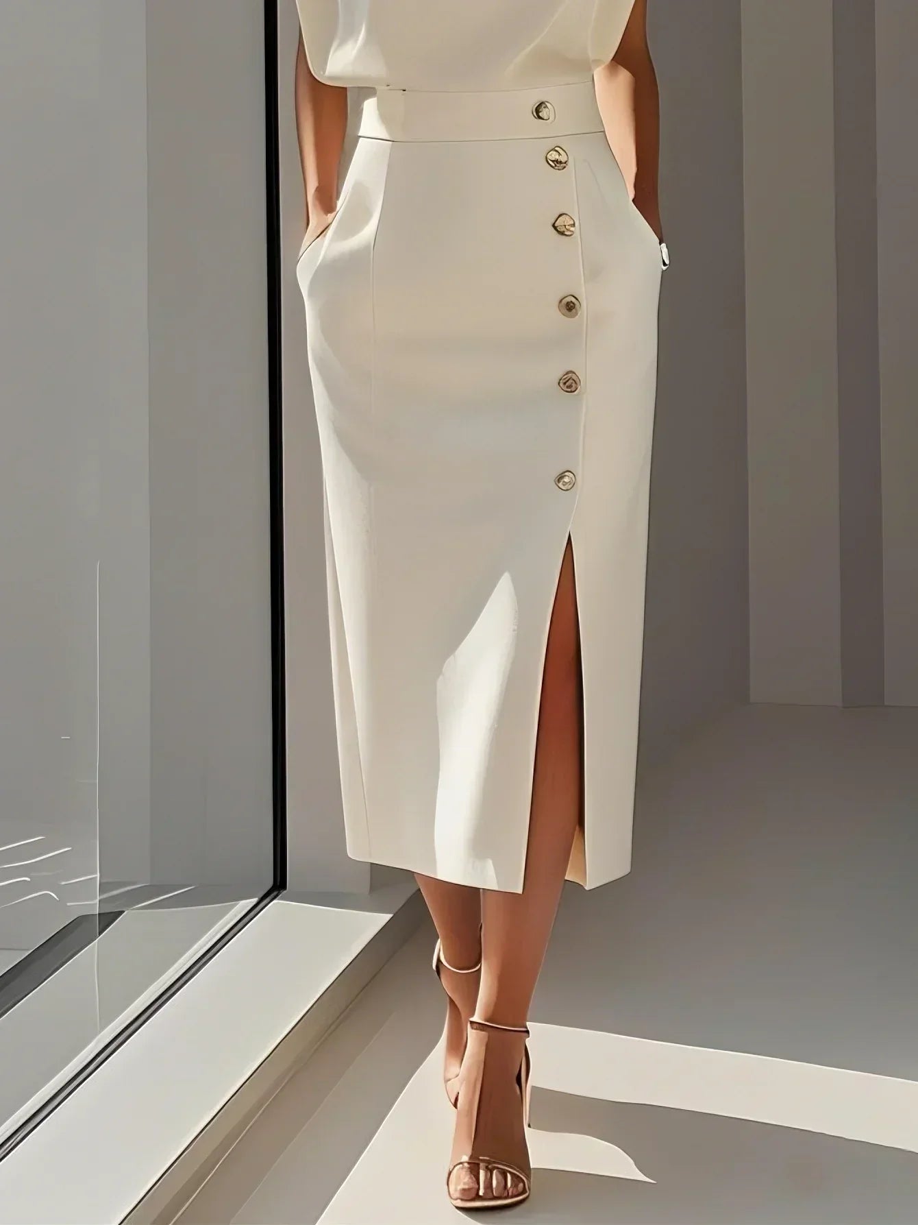 Zakelijke midi jurk met split en decoratieve knopen in neutrale kleur