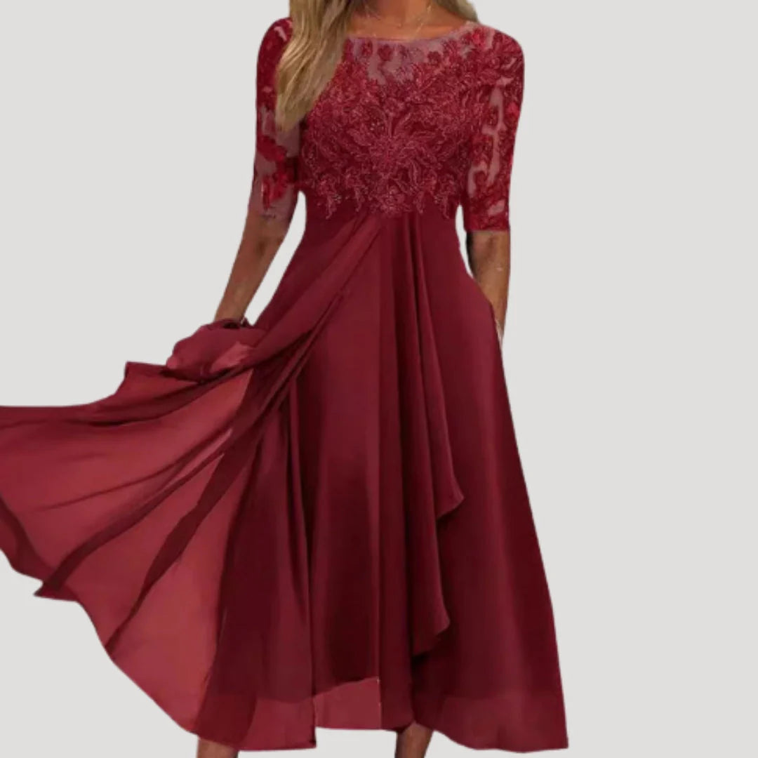 Lieke | Dames Midi Jurk met Kanten Bovenstuk Rood
