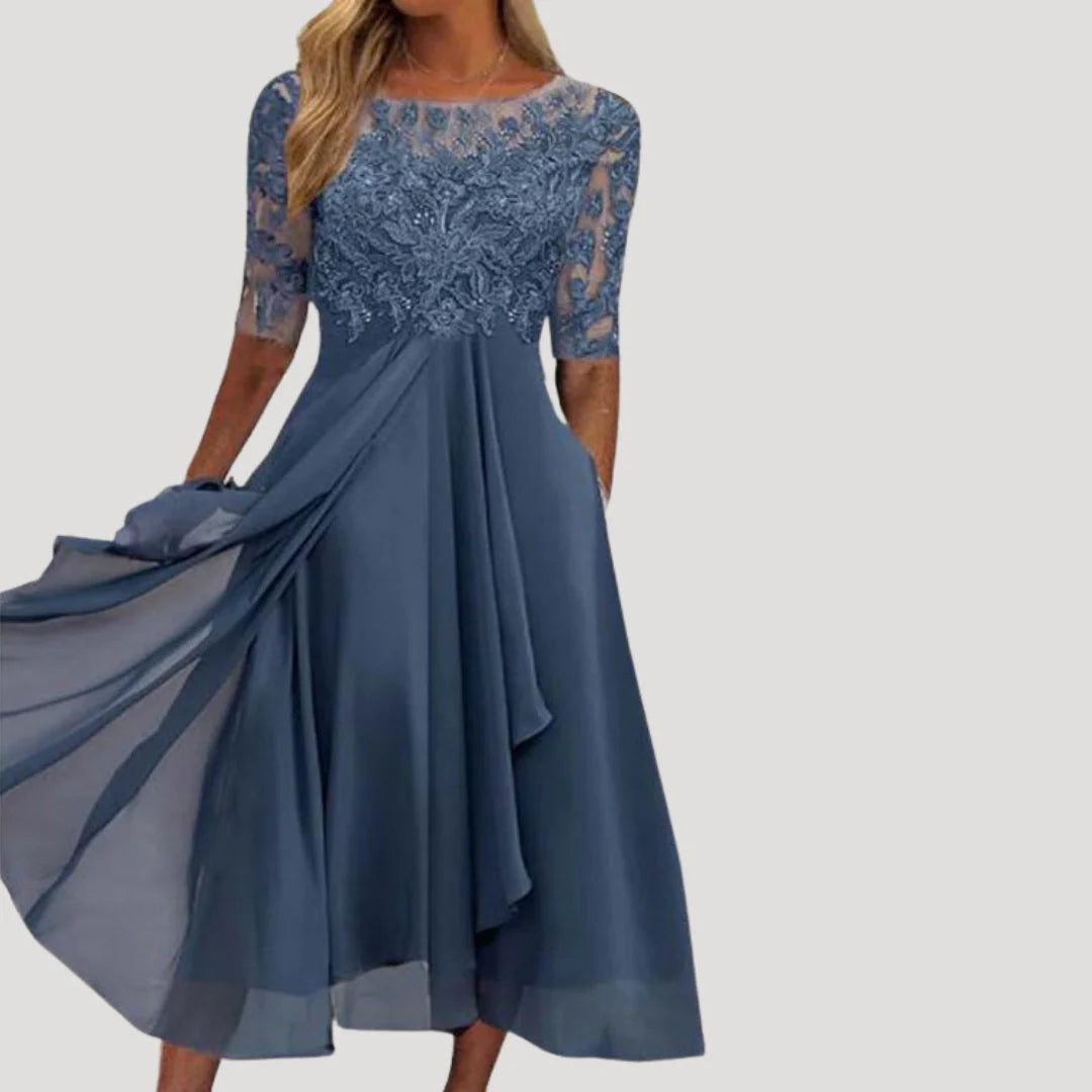 Lieke | Dames Midi Jurk met Kanten Bovenstuk Blauw